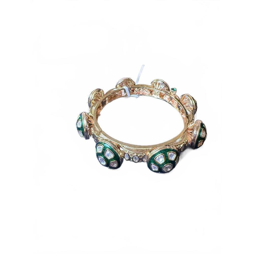 Gold Tone Bangle Bracelet with Green and Clear Stone Accents - Picture 4 of 4